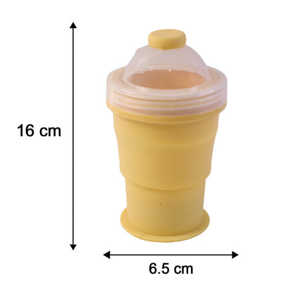A yellow silicone cup with a clear dome lid and straw, displaying its dimensions of 16 cm height and 6.5 cm width.