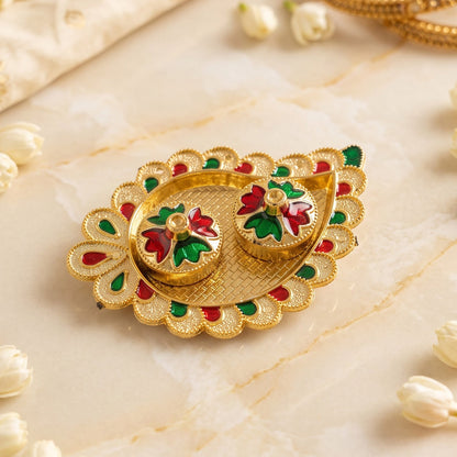 Mango Shape Kumkum Dish with 2 Diya Stands for Puja Thali Decor