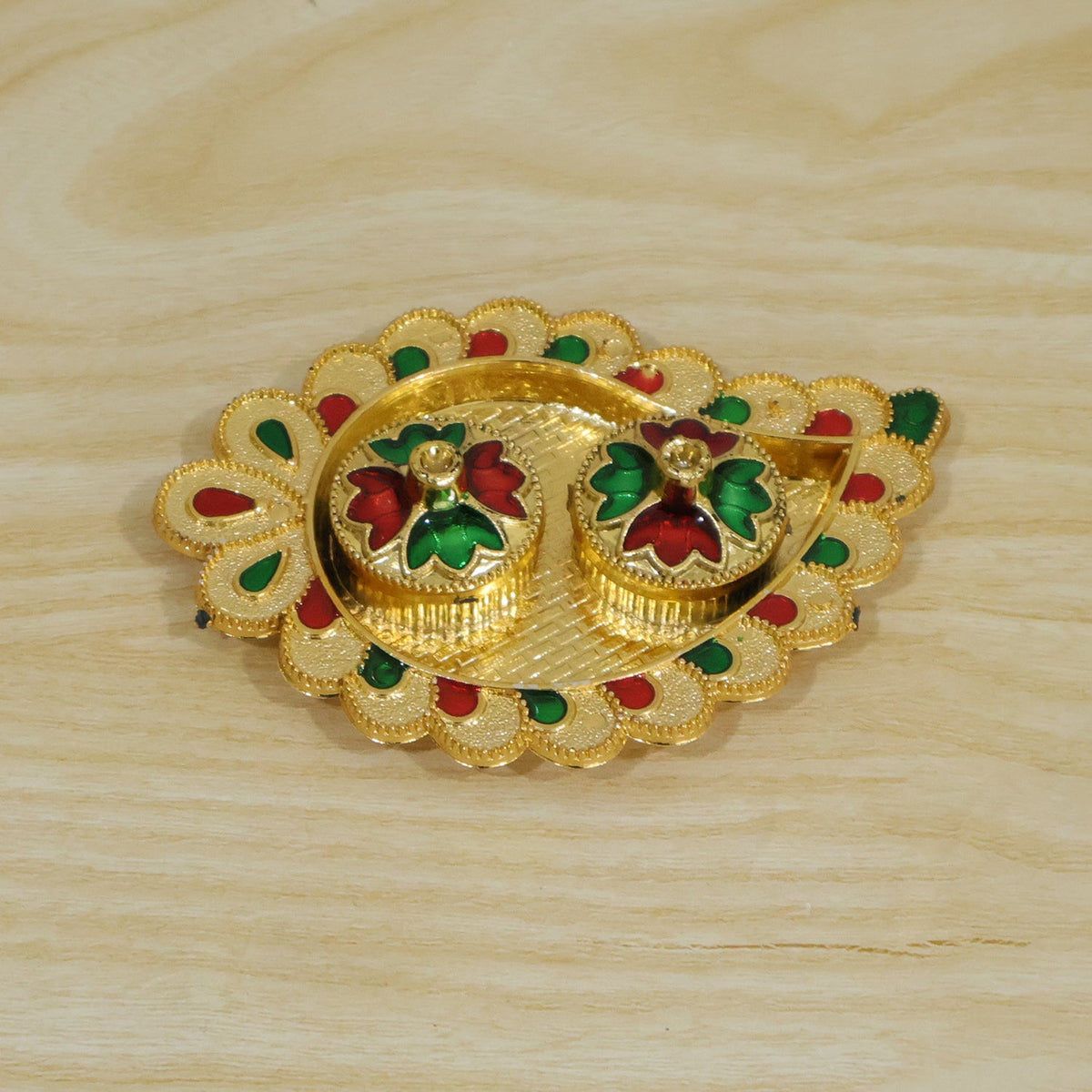 Mango Shape Kumkum Dish with 2 Diya Stands for Puja Thali Decor