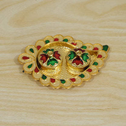 Mango Shape Kumkum Dish with 2 Diya Stands for Puja Thali Decor