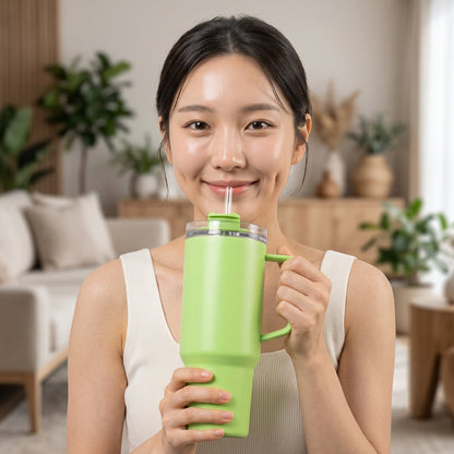 A smiling woman holds a light green travel tumbler with a handle and straw in a cozy living room setting.