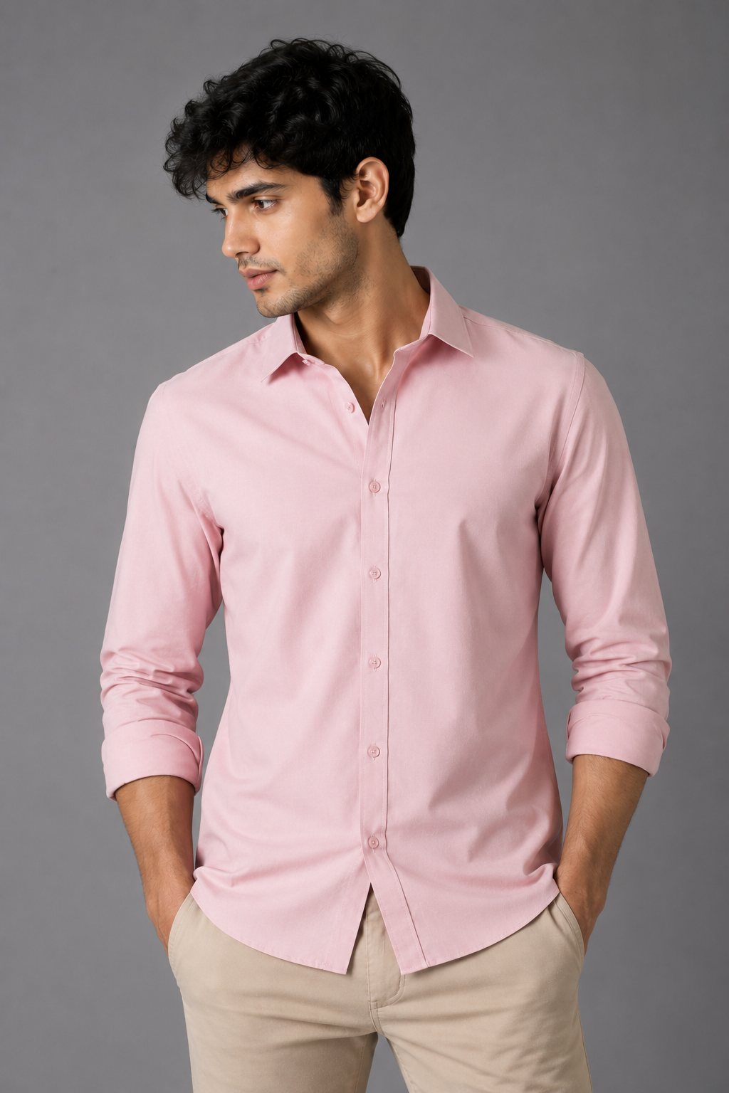 Men's Premium 100% Cotton Plain Full Sleeve Shirt | Heavy Stiff Collar & Cuff | Enzyme Washed | Laffer Peach Fabric