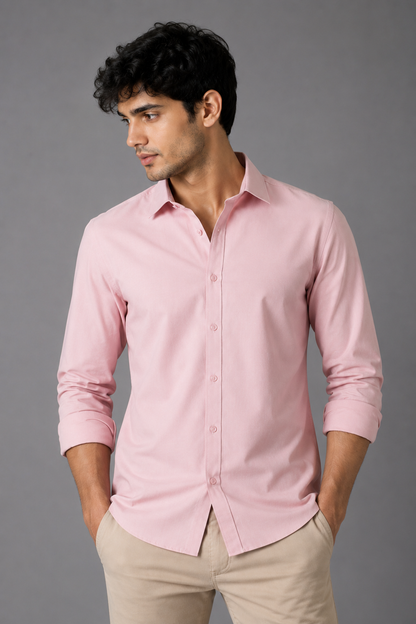 Men's Premium 100% Cotton Plain Full Sleeve Shirt | Heavy Stiff Collar & Cuff | Enzyme Washed | Laffer Peach Fabric
