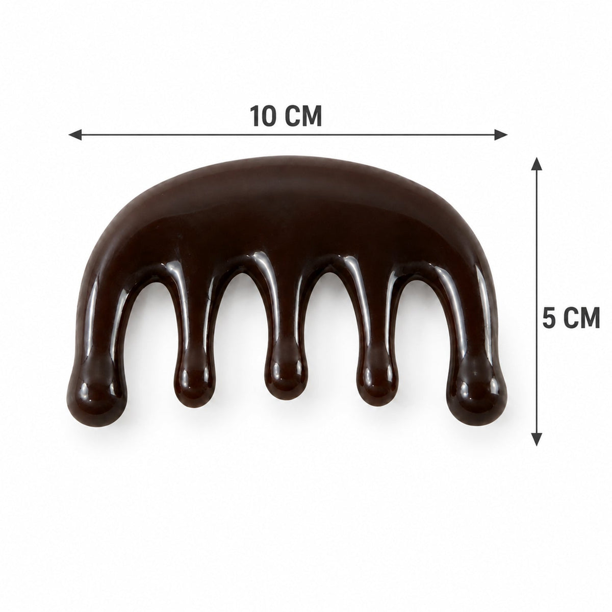 A dark brown resin scalp massager with five rounded prongs is shown with dimensions: 10 cm wide and 5 cm high.