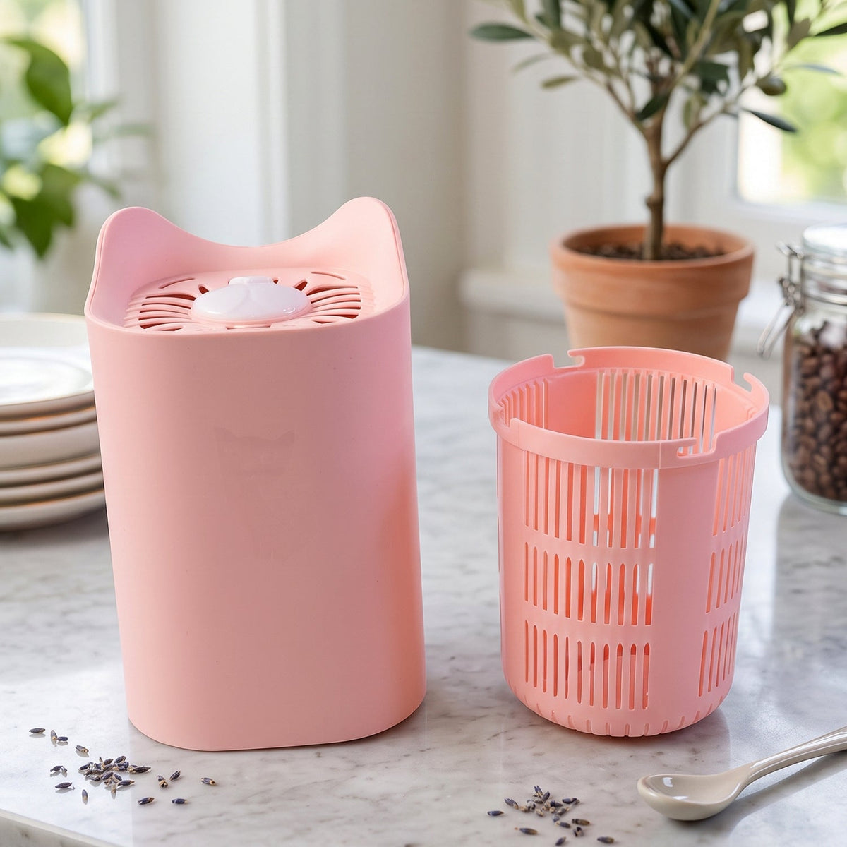 A pink cat-shaped mosquito lamp and its removable slatted collection basket sit on a marble counter with lavender.