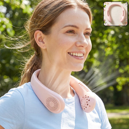 A smiling woman wears a pink portable neck fan outdoors, with a small inset showing the fan.