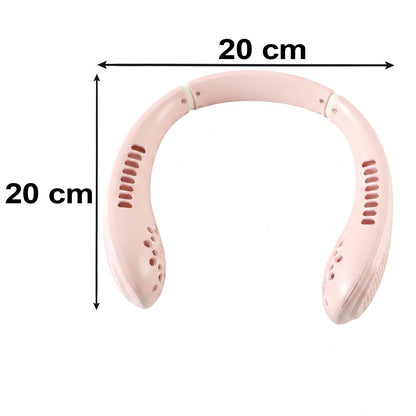 A pink portable neck fan with dimensions of 20 cm by 20 cm indicated by black arrows and text.