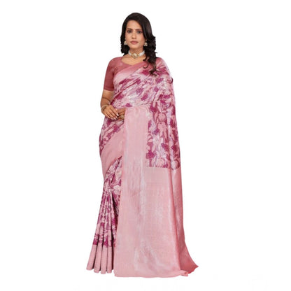 Generic Women's Banarasi Silk Jaquard Woven Saree With Unstitched Blouse 5.5Mtr (Pink)