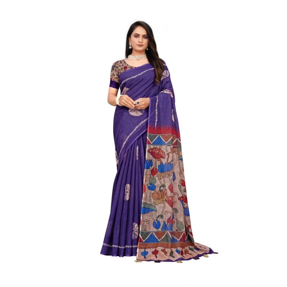 Generic Women's Linen Printed Saree With Unstitched Blouse 5.5Mtr (Purple)