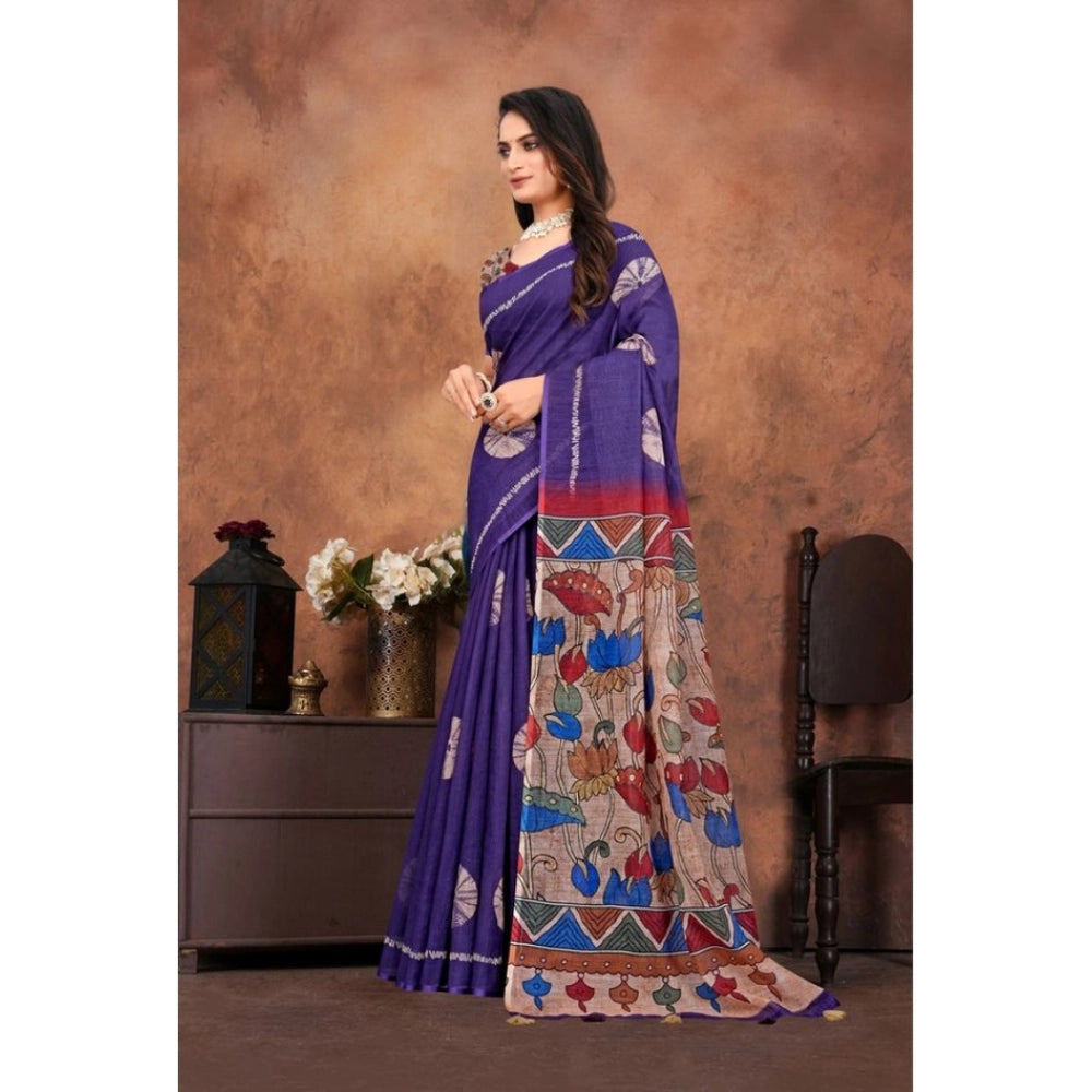 Generic Women's Linen Printed Saree With Unstitched Blouse 5.5Mtr (Purple)
