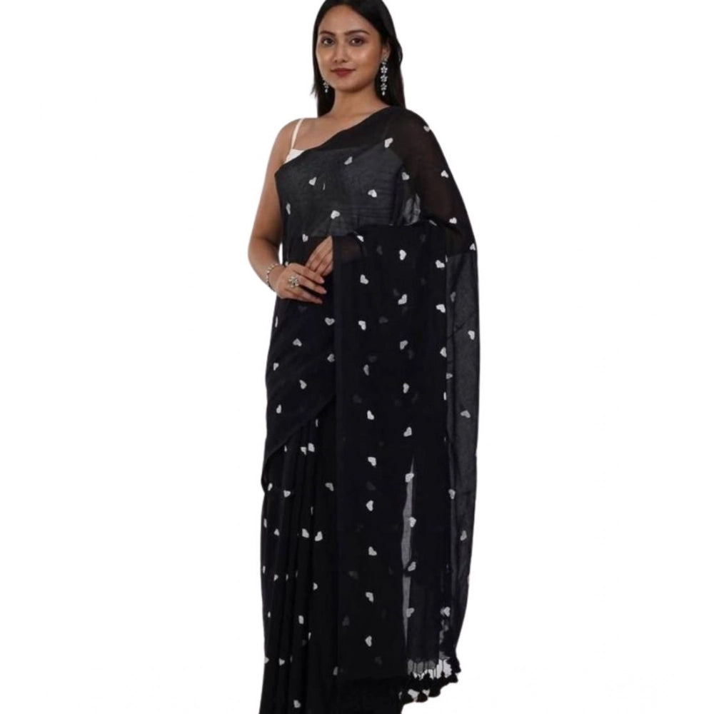 Generic Women's Linen Printed Saree With Unstitched Blouse 5.5Mtr (Black)