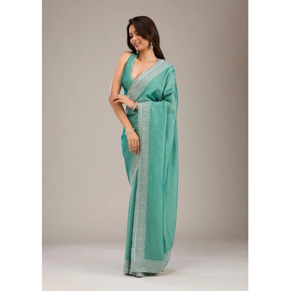 Generic Women's Silk Embroidred Saree With Unstitched Blouse 5.5Mtr (Light Green)