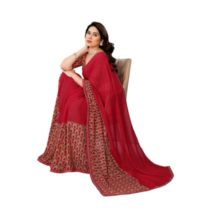 Generic Women's Georgette Printed Saree With Unstitched Blouse 5.5Mtr (Red)