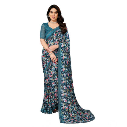 Generic Women's Georgette Printed Saree With Unstitched Blouse 5.5Mtr (Sky Blue)