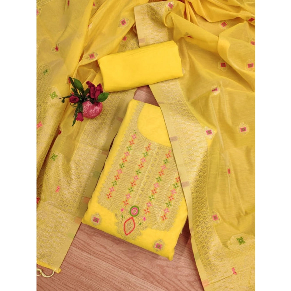 Generic Women's Banarasi Silk Printed Unstitched Salwar Suit Material With Dupatta (Yellow, 3Mtrs)