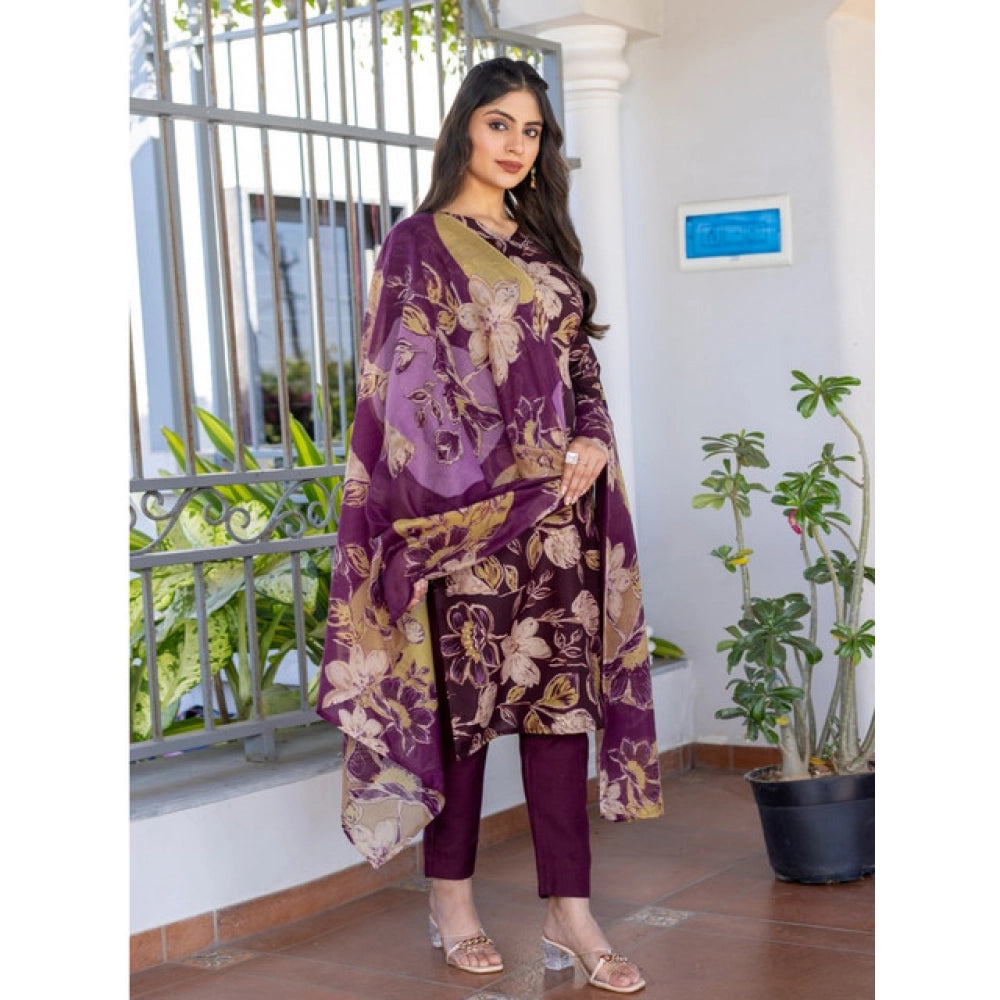 Generic Women's Cotton Blend Printed Kurti With Pant Dupatta Set (Purple)
