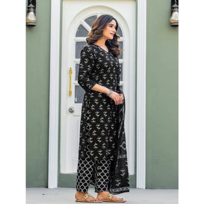 Generic Women's Cotton Blend Printed Kurti With Pant Dupatta Set (Black)