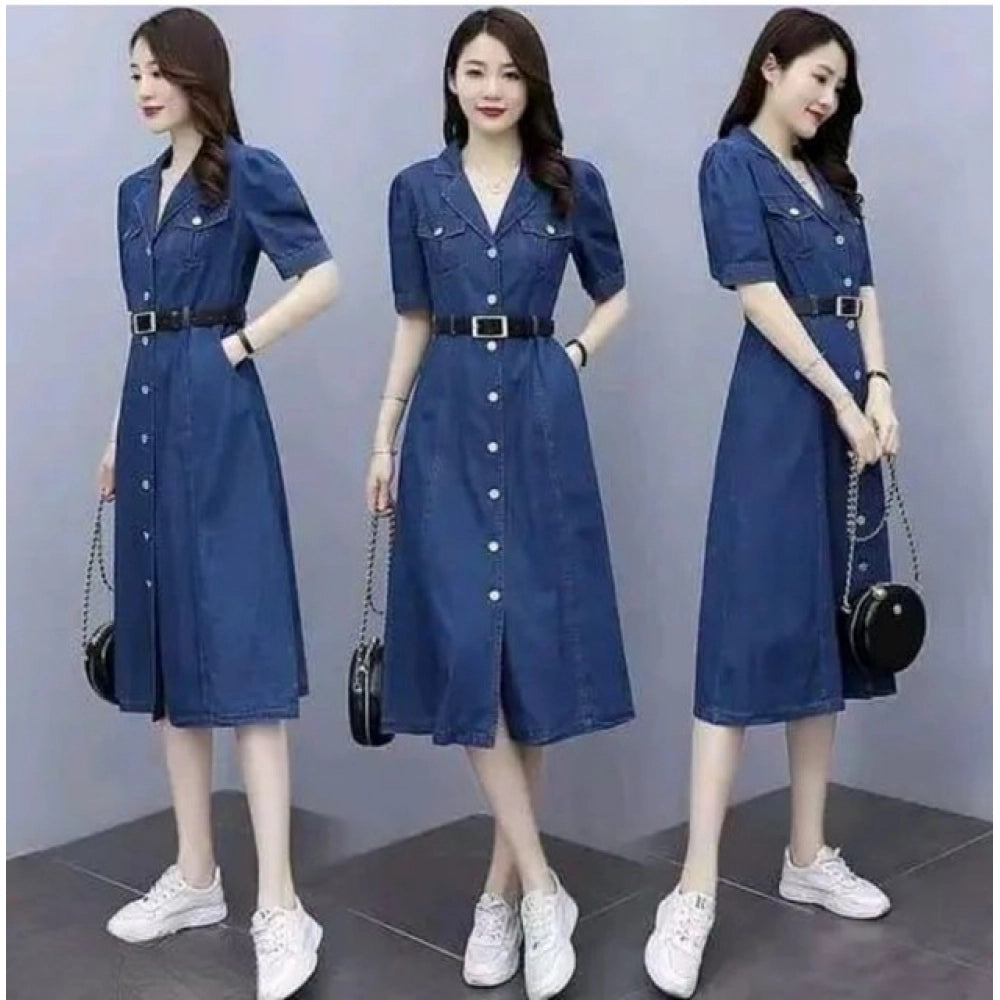 Generic Women's Casual Denim Half Sleeves Dress (Blue)