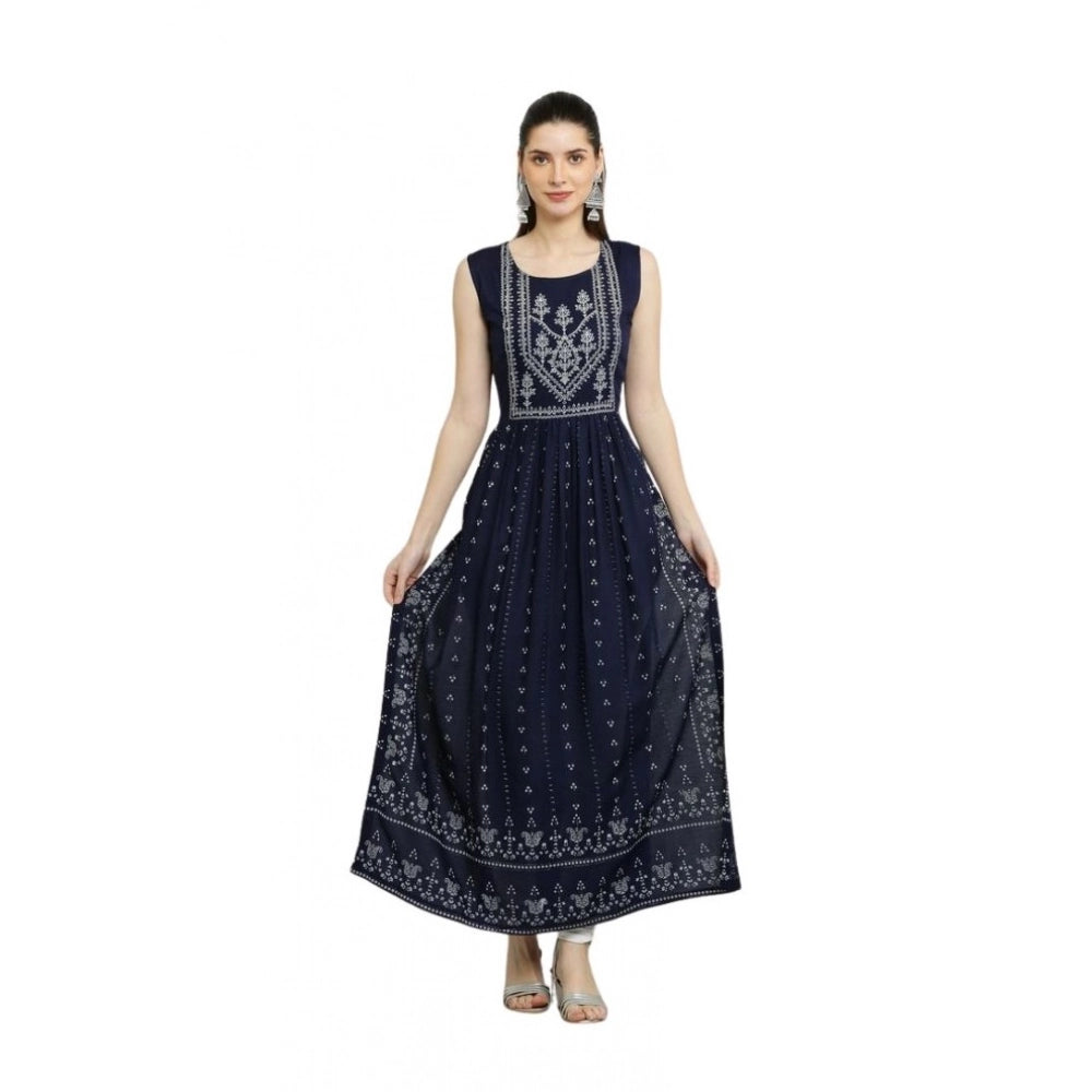 Generic Women's Casual Rayon Sleeveless Kurti (Blue)