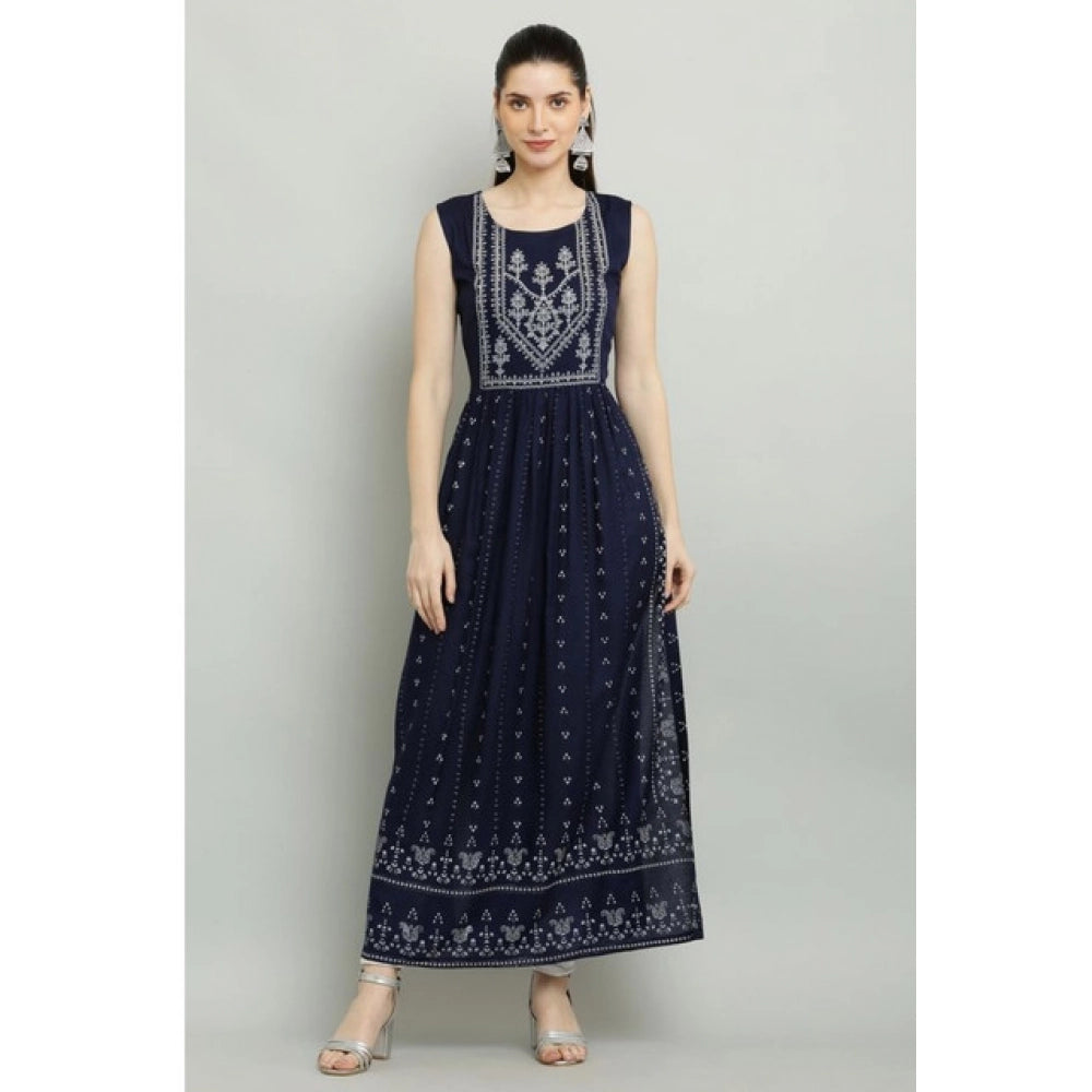 Generic Women's Casual Rayon Sleeveless Kurti (Blue)