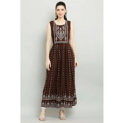 Generic Women's Casual Rayon Sleeveless Kurti (Brown)