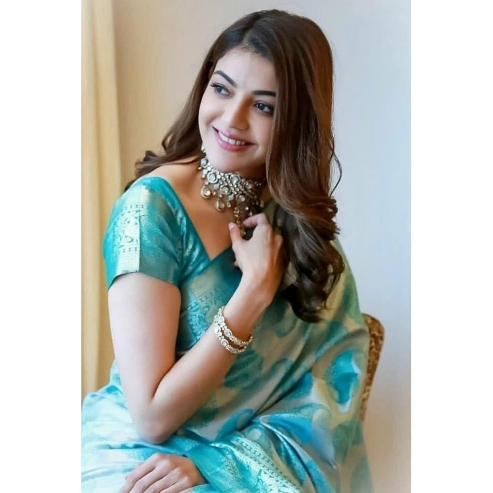 Generic Women's Soft Lichi Silk Printed Saree With Unstitched Blouse 5.5Mtr (Sky Blue)