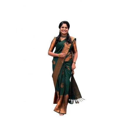 Generic Women's Soft Lichi Silk Printed Saree With Unstitched Blouse 5.5Mtr (Green)