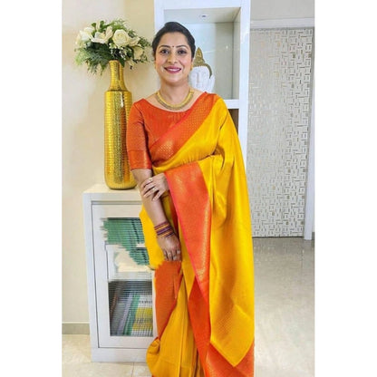 Generic Women's Soft Lichi Silk Printed Saree With Unstitched Blouse 5.5Mtr (Mustard )