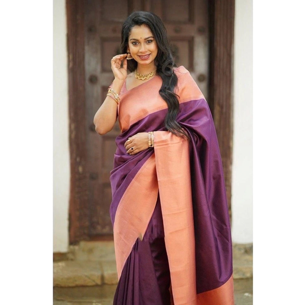 Generic Women's Soft Lichi Silk Printed Saree With Unstitched Blouse 5.5Mtr (Purple)