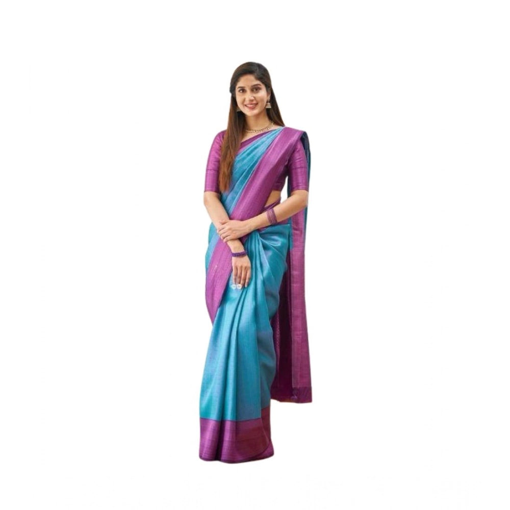 Generic Women's Soft Lichi Silk Printed Saree With Unstitched Blouse 5.5Mtr (Sky-Blue)