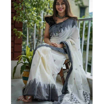 Generic Women's Soft Lilan Printed Saree With Unstitched Blouse 5.5Mtr (White-Black)