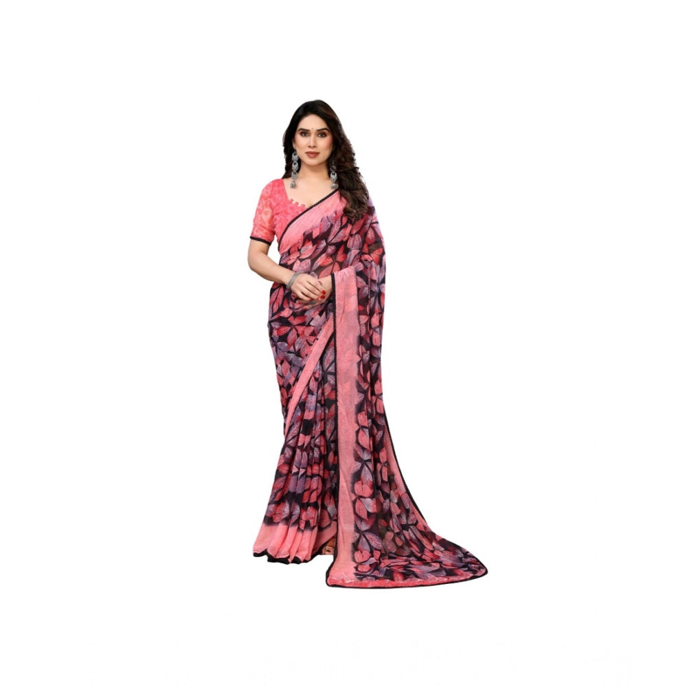 Generic Women's Chiffon Printed Saree With Unstitched Blouse 5.5Mtr (Pink)