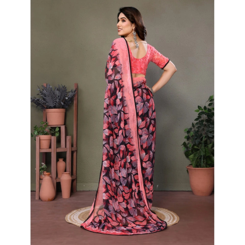 Generic Women's Chiffon Printed Saree With Unstitched Blouse 5.5Mtr (Pink)