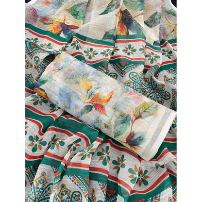 Generic Women's Linen Cotton  Printed Saree With Unstitched Blouse 5.5Mtr (Green)