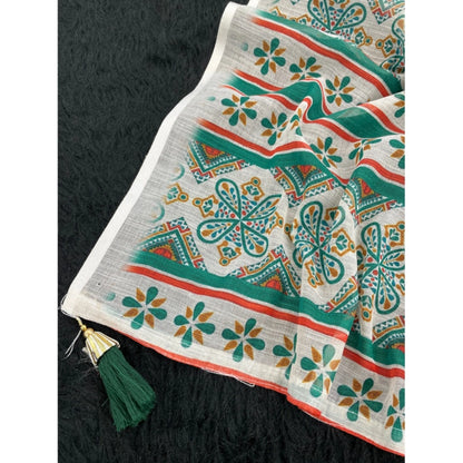 Generic Women's Linen Cotton  Printed Saree With Unstitched Blouse 5.5Mtr (Green)