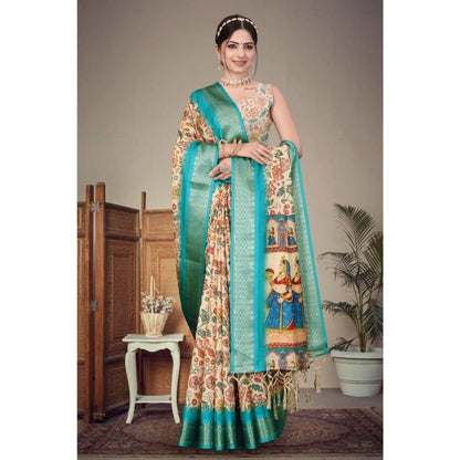 Generic Women's Cotton Silk  Printed Saree With Unstitched Blouse 5.5Mtr (Sky Blue)
