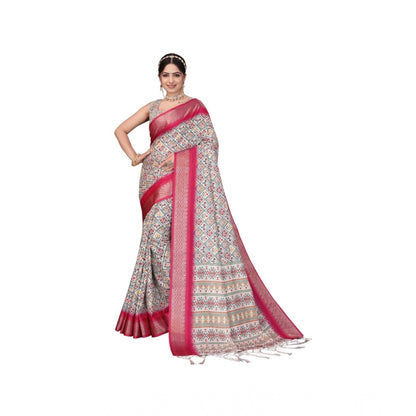 Generic Women's Cotton Silk  Printed Saree With Unstitched Blouse 5.5Mtr (Pink)