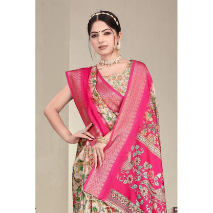 Generic Women's Cotton Silk  Printed Saree With Unstitched Blouse 5.5Mtr (Pink)