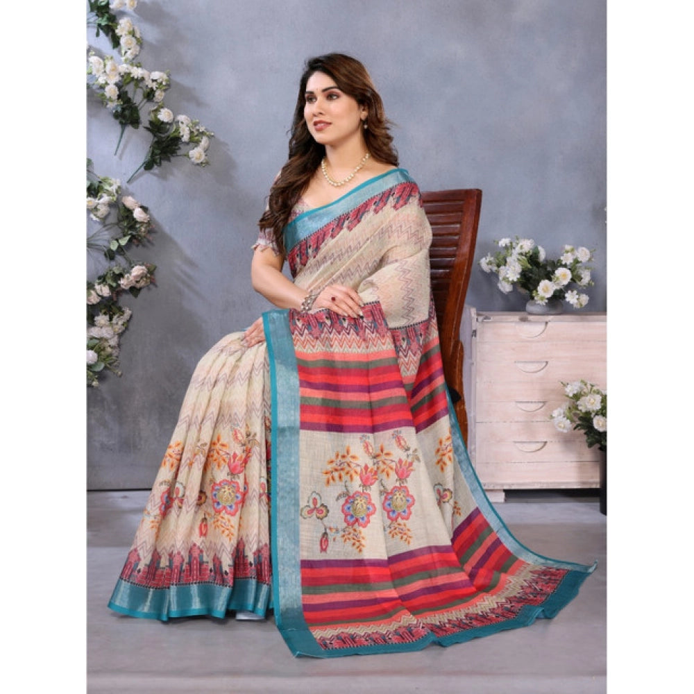 Generic Women's Linen Cotton  Printed Saree With Unstitched Blouse 5.5Mtr (Cream)