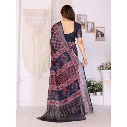 Generic Women's Linen Cotton  Printed Saree With Unstitched Blouse 5.5Mtr (Black)