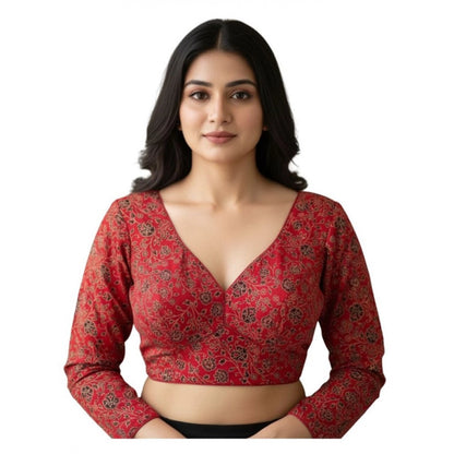 Generic Women's Ajrakh Cotton Printed V-Neck Padded Blouse (Red 38 Ready (Self Alterable 36–40)