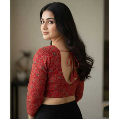 Generic Women's Ajrakh Cotton Printed V-Neck Padded Blouse (Red 38 Ready (Self Alterable 36–40)