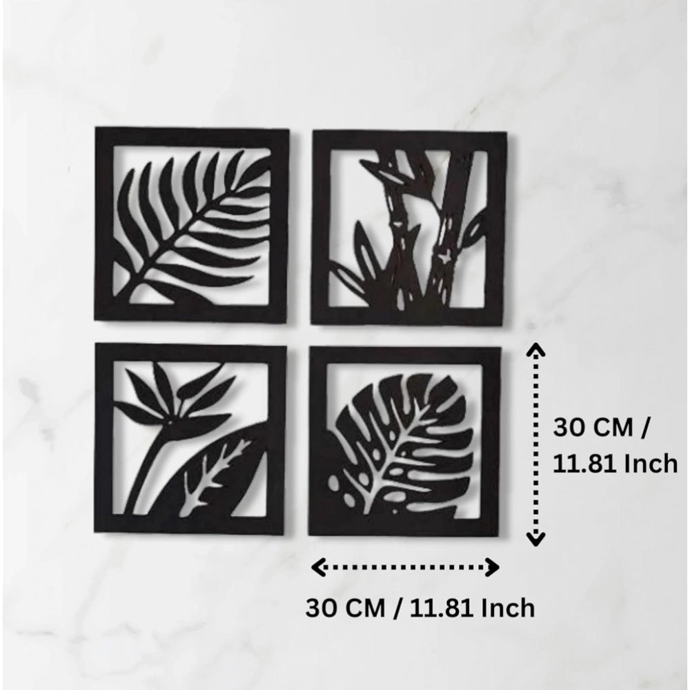 Generic 7 Decore Wooden 4 Pieces Square Tree Leaf Wall Art Panel Frame – Black (Big Size)