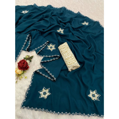 Generic Women's Chiffon Butti Dotted Saree With Unstitched Blouse 5.5Mtr (Blue)