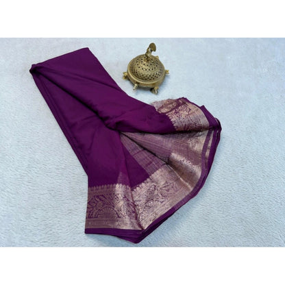 Generic Women's Crepe Chit Pallu Solid Saree With Unstitched Blouse 5.5Mtr (Purple)