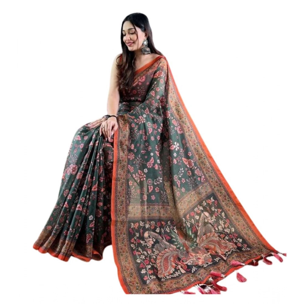 Generic Women's Linen Printed Saree With Unstitched Blouse 5.5Mtr (Green)