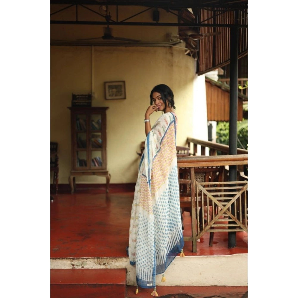 Generic Women's Linen Printed Saree With Unstitched Blouse 5.5Mtr (White)