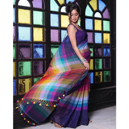 Generic Women's Linen Printed Saree With Unstitched Blouse 5.5Mtr (Navy)