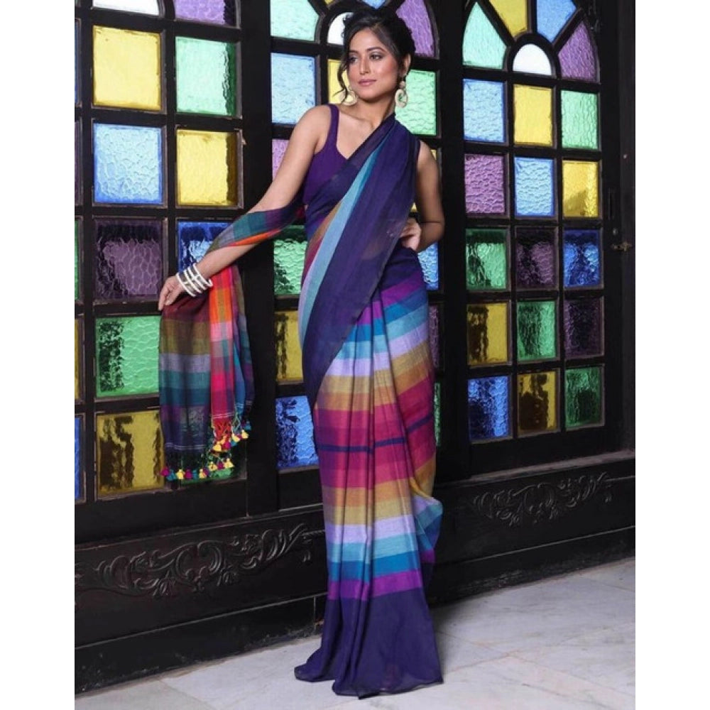 Generic Women's Linen Printed Saree With Unstitched Blouse 5.5Mtr (Navy)