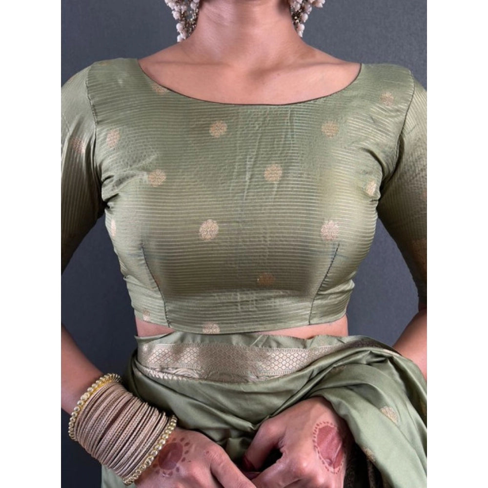 Generic Women's Satin Printed Saree With Unstitched Blouse 5.5Mtr (Green)